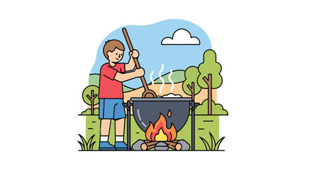 Naklejka premium Young boy stirring a pot over a campfire in a scenic outdoor setting