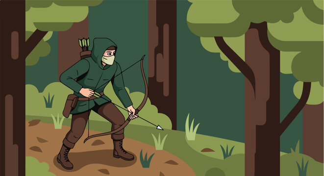 A character with a hooded cloak and mask aims a bow and arrow in a forest