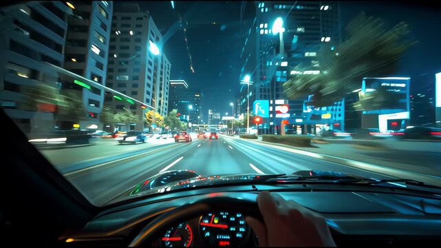 POV of Person Driving Fast Car Through Modern City at Night with Motion Blur and Glowing Dashboard Lights.