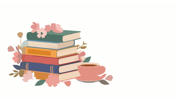 Cozy reading concept with stacked books tea cup and flowers vector design on white background