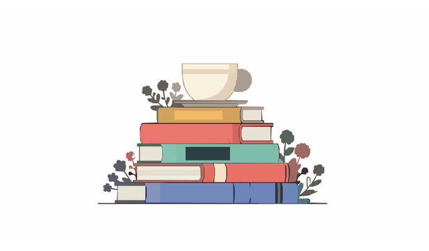 Stack of books with tea cup and flowers flat vector illustration isolated on white background