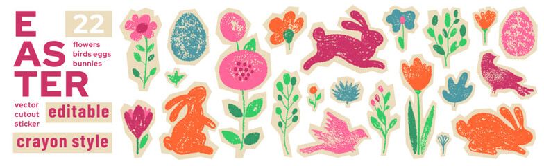 Naklejka premium Easter flower, egg, bunny collage sticker. Cute crayon hand drawn art. Happy Easter spring floral pattern. Watercolor vector kid bunny rabbit, egg, flower, bird. Color chalk doodle cutout collage bg
