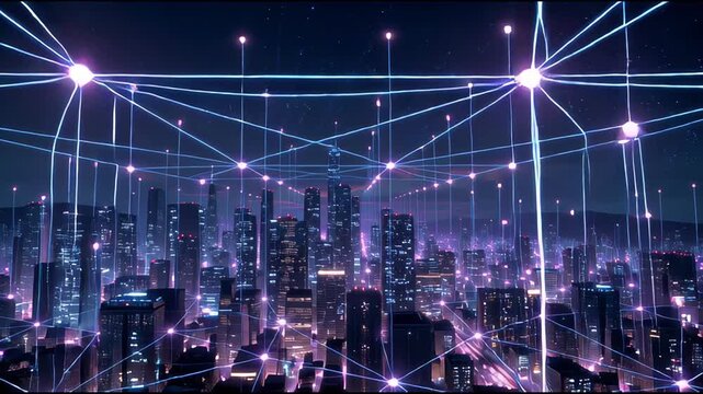 Futuristic Smart City Night View with Global Digital Network and Purple Connectivity Plexus Background.
