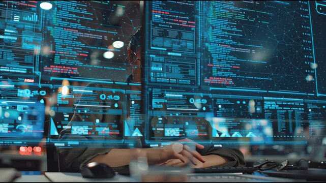 Focused Asian Female Software Developer Working on Multiple Screens with Floating Holographic Data Interfaces.