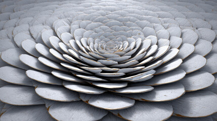 Fototapeta premium Abstract layered petal formation in grayscale, creating a mesmerizing pattern. The petals form a circular design, drawing the eye toward the center.