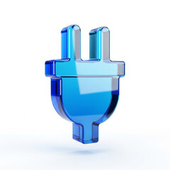 Obraz premium 3D Blue Glass Electric Plug, Power Cable Icon, Energy Connector Symbol, Glossy Socket Adapter, Tech Wire Element