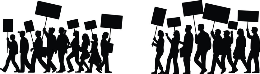 Protest crowd silhouettes marching with banners and signs, activists demonstrating for rights and social change, public protest movement and political rally concept