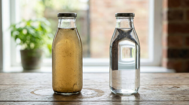 Dirty and clean filtered water in bottles on wooden table