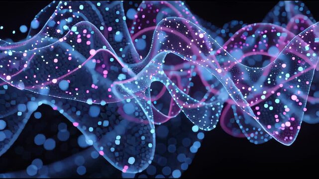 Abstract Digital Data Waves with Glowing Purple and Blue Fluid Particles in Motion.