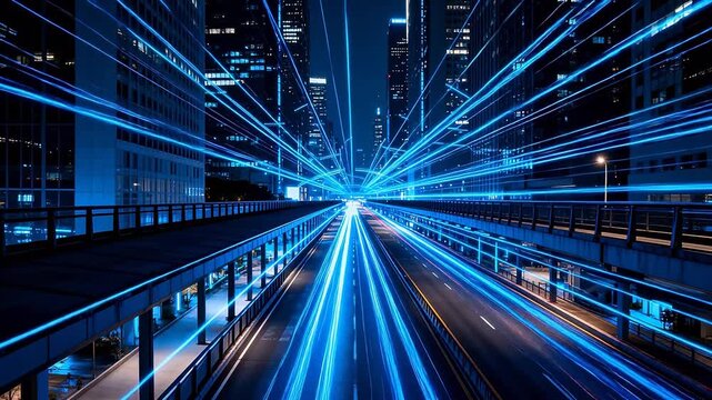 Night city street with blue light trails converging to center