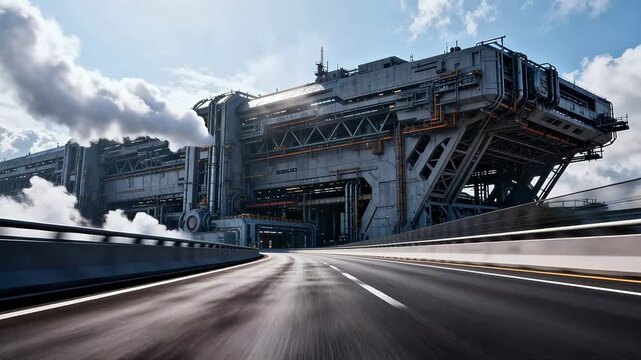 Giant industrial complex with curved highway and smoke