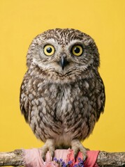 Surprised Small Owl Looking Directly at Camera with Wide Yellow Eyes against Bright Yellow Studio Background for Humorous Web Banner and Creative Copy Space