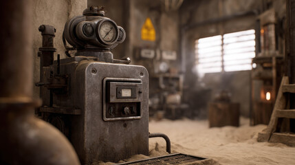 An aged industrial machine in a rustic workshop