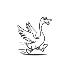 Fototapeta premium Goose Cartoon: a playful illustration of a goose in full stride, capturing its energy and playful attitude in a charming black and white style.