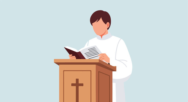 Clergy member in white robe reads from a book at a wooden pulpit with a cross