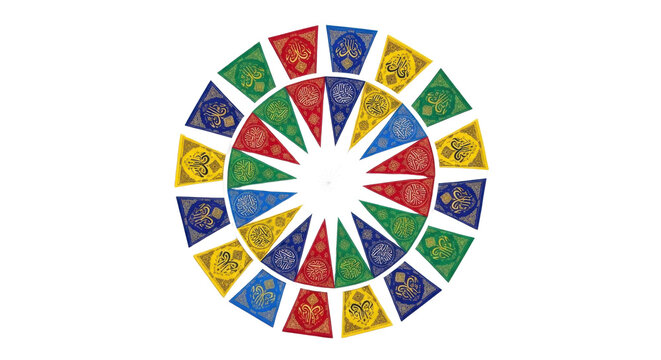 Circular arrangement of 24 colorful prayer flags in red, blue, green, and yellow, forming a decorative mandala-like pattern isolated PNG with Transparent Background