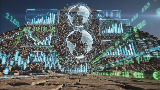 Advanced holographic chart technology visualizes global market data. Futuristic economic analysis interface projects over barren landscape