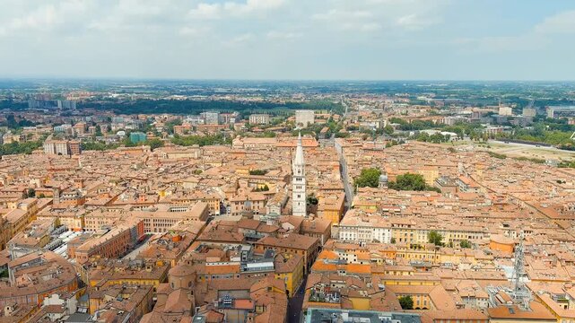 Modena, Italy. Modena Cathedral. Famous Romanesque cathedral with bell tower. Historical Center. Summer. Drone footage, Point of interest