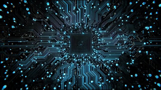 Futuristic Central Processing Unit CPU Chip on Circuit Board with Glowing Blue Data Energy Flow Paths.