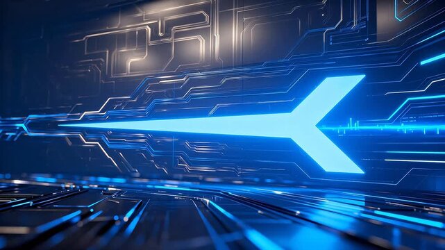 Blue neon arrow on circuit board