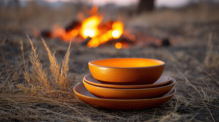 Warm orange plates in front of the campfire at the camping site, inviting to start eating