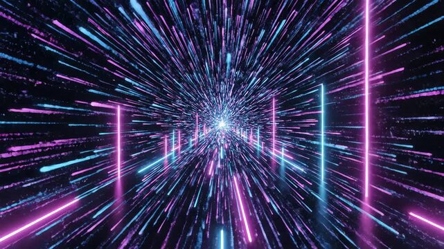 Vibrant motion lines burst forth in a mesmerizing display of speed and energy through a futuristic neon-lit tunnel.