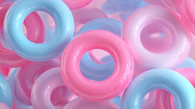 Abstract Arrangement of Pink and Blue Inflatable Rings in Soft Lighting Keywords: abstract, background, pink, blue, inflatable, rings, torus, geometric, shape, circle, pastel