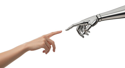Obraz premium Human Finger Reaching Robotic Hand on Transparent Background