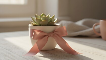 Small succulent plant in a white pot with a pink bow on a wooden table