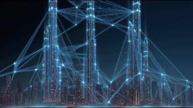 Futuristic Smart City Skyline with Glowing Blue Digital Network Connections at Night.