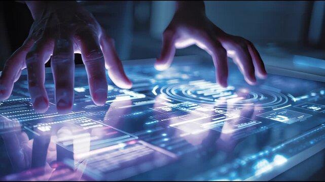 Close Up of Hands Interacting with Futuristic Holographic Touchscreen Interface and Digital Data Display.