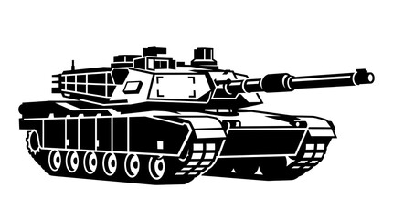 Obraz premium Modern main battle tank black and white vector illustration, military armored vehicle silhouette isolated on white background 