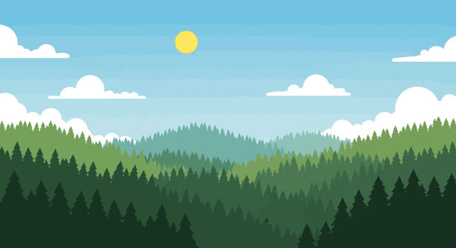 Flat Design Mountain Landscape with Evergreen Forest and Sunny Sky