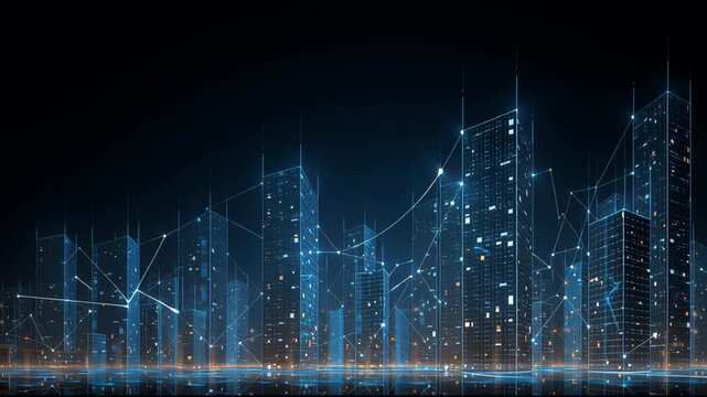 Futuristic Night Cityscape with Glowing Blue Skyscrapers and Digital Data Network Lines Background.