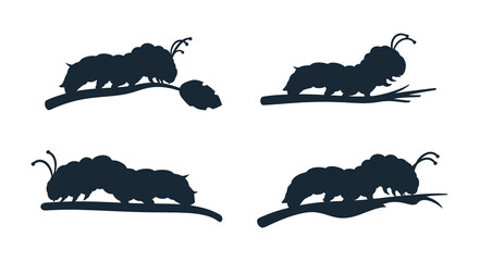 Four caterpillar silhouettes resting on branches displaying distinct poses and shapes silhouette high quality professional detailed