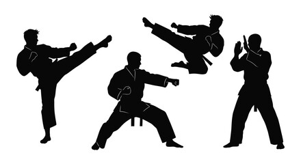 Dynamic martial artists demonstrate powerful kicks and blocks in a striking black silhouette high quality professional © Kuntol02