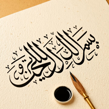Traditional Arabic Calligraphy Script with Inkwell and Reed Pen on Fibrous Handmade Paper