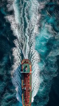 Top tracking view of a crude oil tanker, ship loaded with oil. 4K stock vertical copy space video.