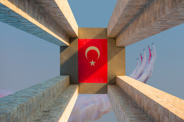 Fototapeta premium Air Force aerobatic team performing demonstration flight over Canakkale Martyrs' Memorial against to Dardanelles Strait - (Çanakkale) Canakkale, Turkey