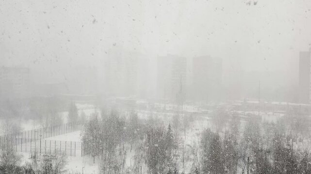 Winter Weather scene shows intense snow storm creating low visibility over urban residential district. Thick snowfall hides distant buildings and trees during severe Winter Weather conditions in city.