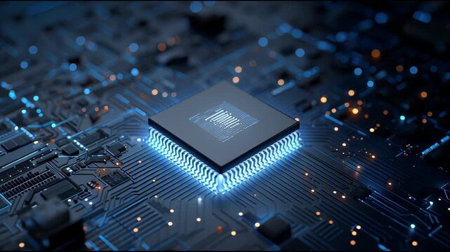 Futuristic Central Processing Unit CPU Chip on Circuit Board with Glowing Blue Data Energy Flow Paths.