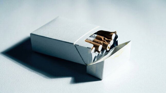 White cigarette pack open on a bright surface with cinematic lighting, blank tobacco packaging mockup for health warning labels and healthcare design presentations