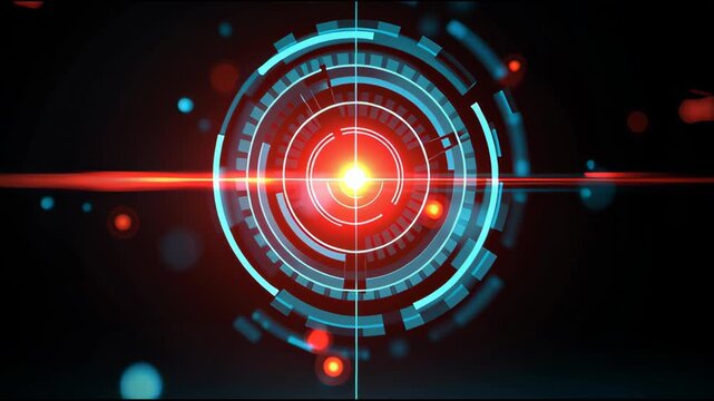 Futuristic Red Target HUD Interface with Glowing Lens Flare on Dark Background.