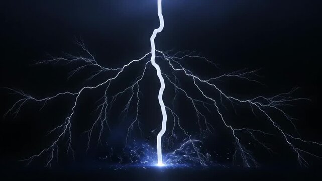 Bright lightning bolt strikes dark ground. Electric discharge branches out, creating a powerful visual effect. Dramatic energy impact.