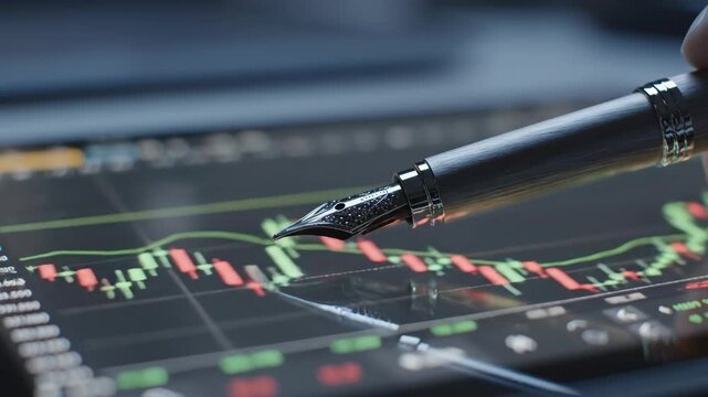 In depth market trading analysis with pen pointing to chart data on screen, showcasing how modern technology drives business strategy