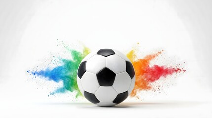 Fototapeta premium Soccer ball with colorful rainbow powder explosion on bright background. Dynamic football celebration concept for sports posters and tournament promotion.