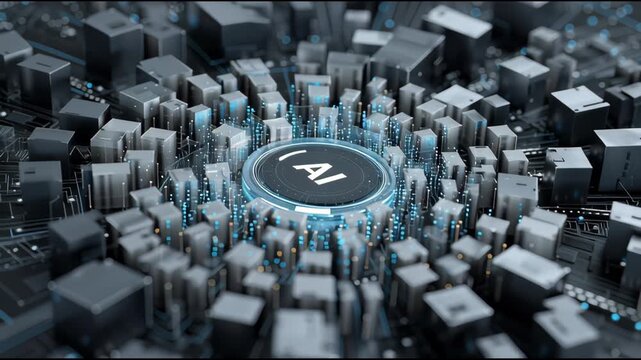Futuristic AI Processor with Glowing Blue Circuit City Background.