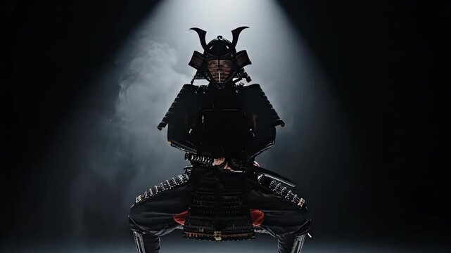 A samurai warrior stands ready with a katana in a dark studio. He is clad in full traditional Japanese armor. Dramatic spotlight illuminates the scene.