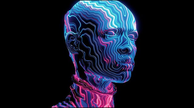 Futuristic Human Profile with Glowing Neon Topographic Lines Representing Artificial Intelligence.