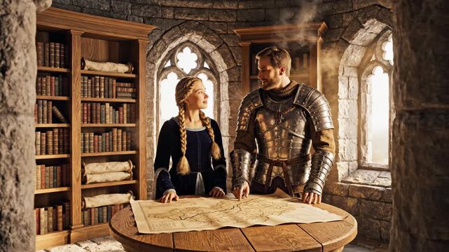 A medieval woman and knight in armor study an ancient map on a wooden table. They are discussing a strategic plan in a stone castle library. Historic setting.